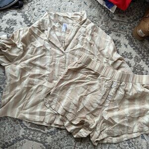 Beige Button-Up Shirt and Shorts & Pants Set